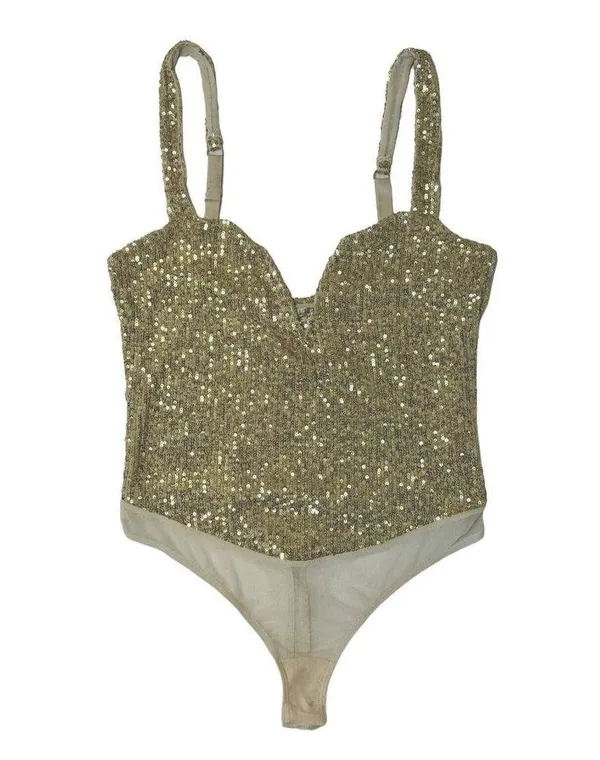INTIMATELY FREE PEOPLE Sparks Fly Iridescent Gold Shimmery Sequin Bodysuit Sz M - Image 3