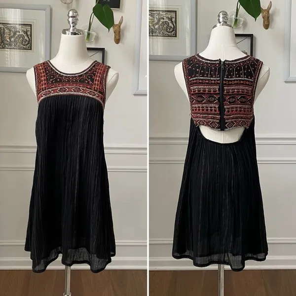 Free People Aztec Embroidered Beaded Swing Dress Open Back $168 2 - Image 3