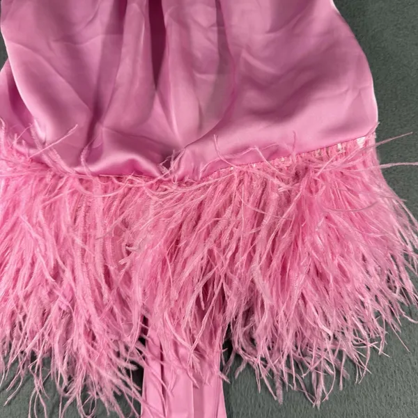 Ramy Brook Faux Feather Trim Halter Top Womens L Pink Fiyero Party Blouse NWT - Image 2
