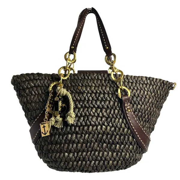 Juicy Couture Y2K Woven Straw Nautical Anchor Charm Tote Bag Brown - Image 2