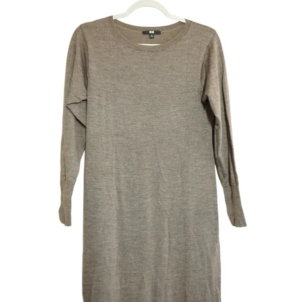 Uniqlo Womens Long Sleeve Crew Neck Fine Knit Sweater Dress‎ Taupe Brown Medium - Image 2