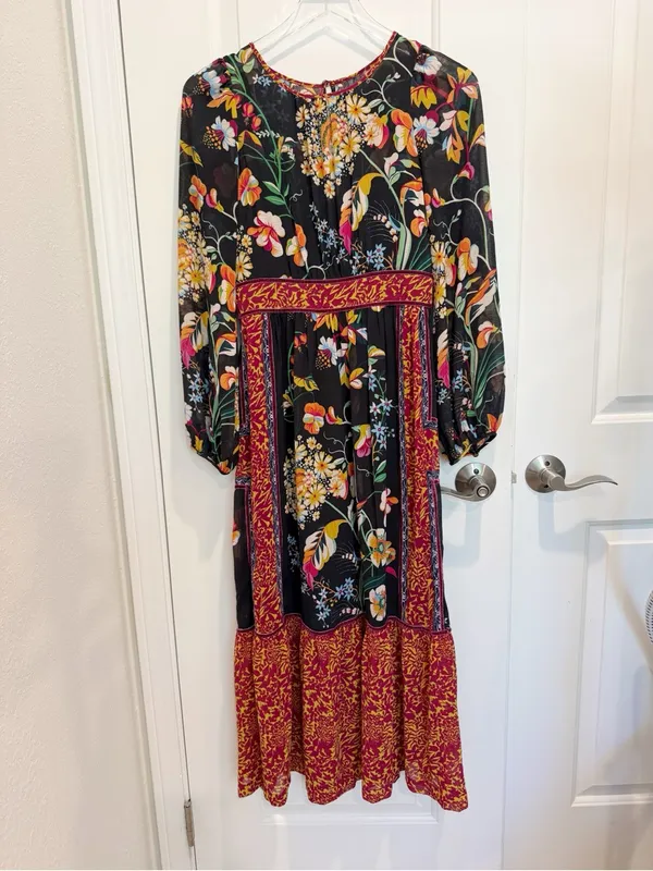 ANTHROPOLOGIE Adair Velvet Trimmed Midi Dress in Black Floral Pattern‎ size 0 - Image 5