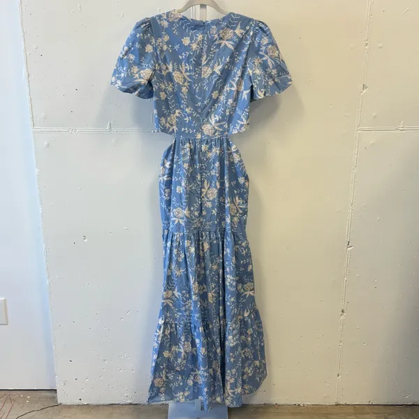 WAYF Plaza Cutout Puff Sleeve Cottagecore Floral Tiered Maxi Dress Blue White Sm - Image 4