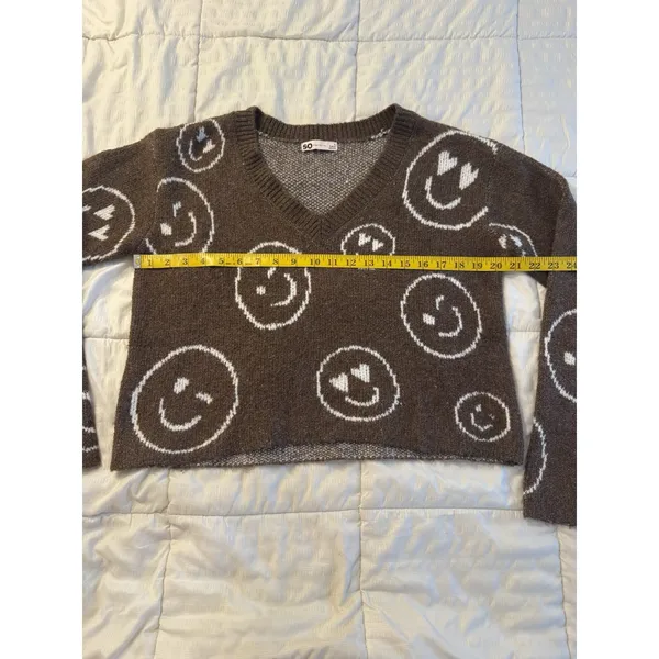 SO Brown V-Neck Sweater Knit Cozy Smiley Face Print Y2K 90s Grunge Kidcore Retro - Image 5