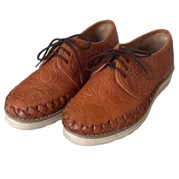 Handmade Mexican Floral Tooled Leather Huarache Oxfords Tan Sz 6 Comfort Travel - Image 6