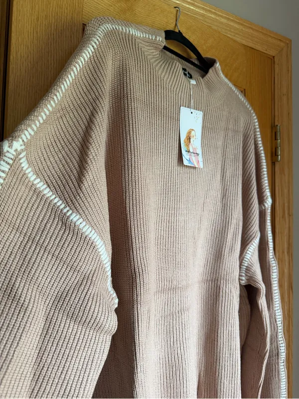 Pretty Garden Ribbed Knit Sweater XL NWT Contrast Stitch Mock Neck Tan - Image 2