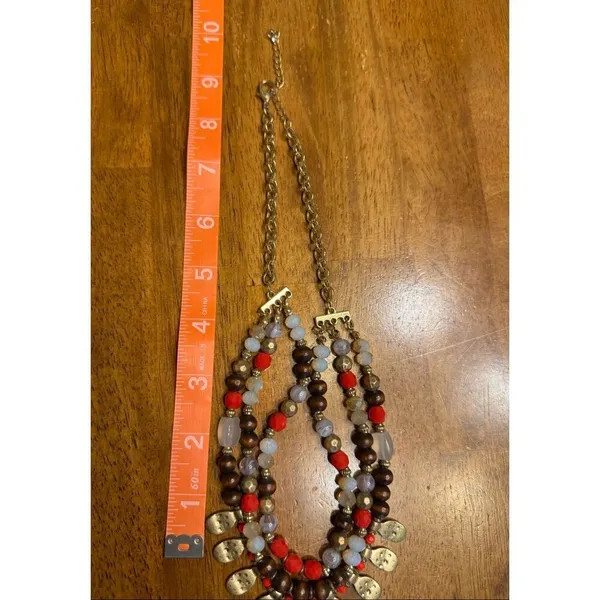 Three Layered Strand Red Brown Gold White Beaded Necklace 18" Gold Toned Chain ( - Image 7