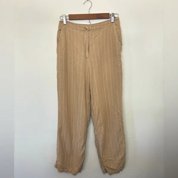 Skies Are Blue Small Tan Linen Cropped High Rise Pin Striped Pants‎ 73976 Latte - Image 2