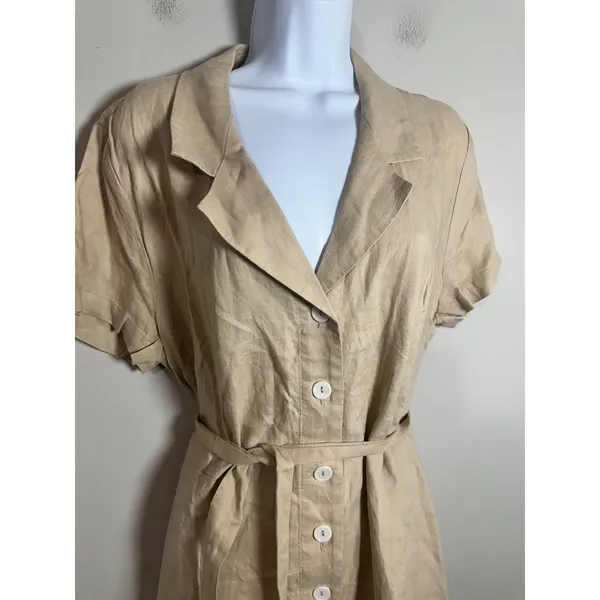 Quince 100% European Linen Button Front Belted Midi Shirt Dress Sand Beige L - Image 5