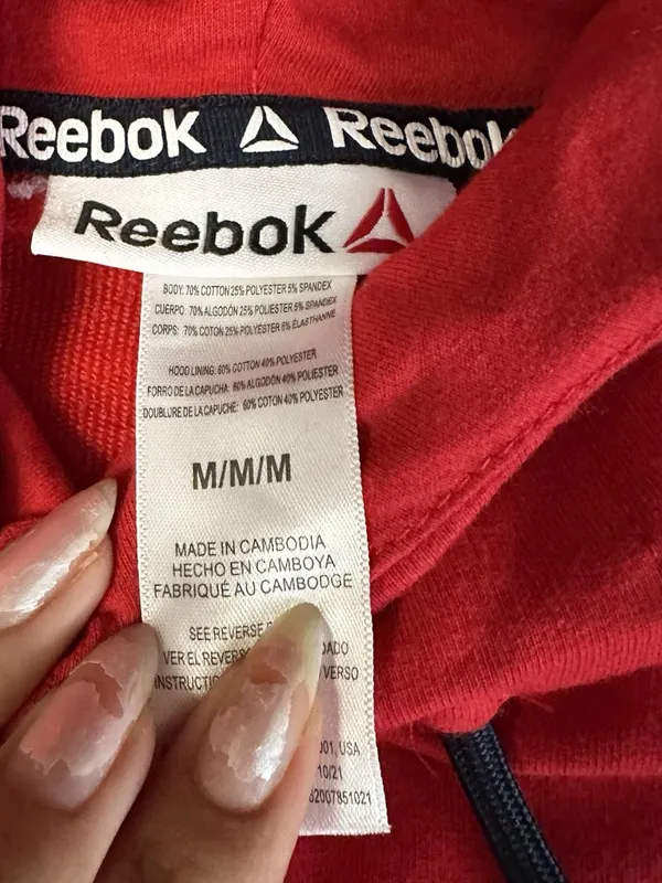 Reebok Fleece Hoodie, Red Drawstring Pockets black logo collared womens medium - Image 2