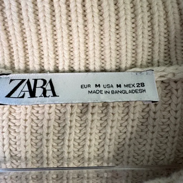 Zara Knit Rugby Sweater Womens Medium Cream Black Striped Collared Cotton Preppy - Image 3