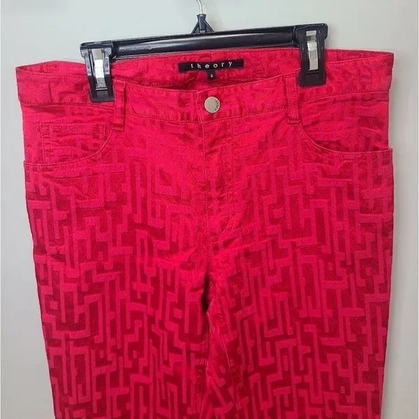 Theory Jeans Straight‎ Leg Geometric Red Denim Size 6 - Image 3