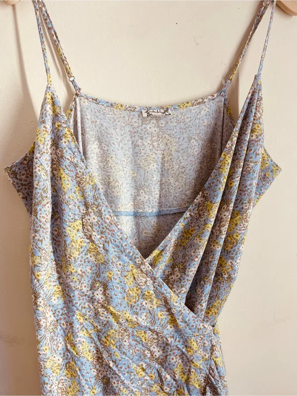 Free People All My Love Wrap Dress Blue Yellow Floral Mini Ruffle Hem size M - Image 7
