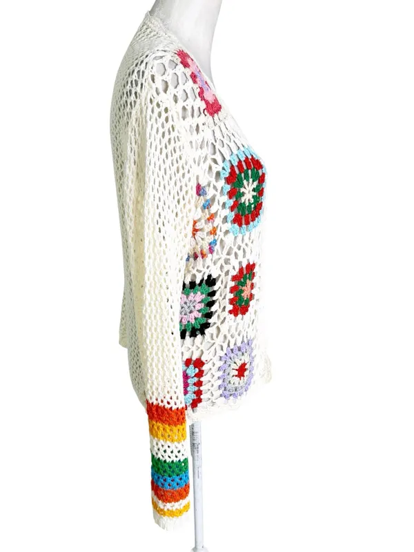 Granny Square Boho Crochet Cardigan Cream Patchwork Size L Size L - Image 5