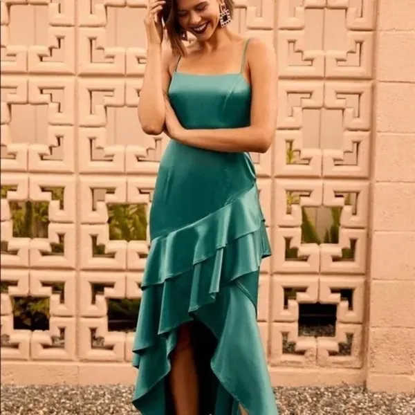 Lulus Yori Teal Green Satin‎ Ruffled High-Low Maxi Dress medium - Image 7