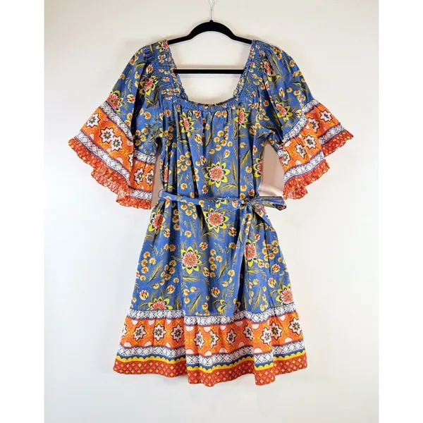 JOIE Dress Blue Chloris Mini Floral Off Shoulder Fit Flare Prairie Boho Medium - Image 2