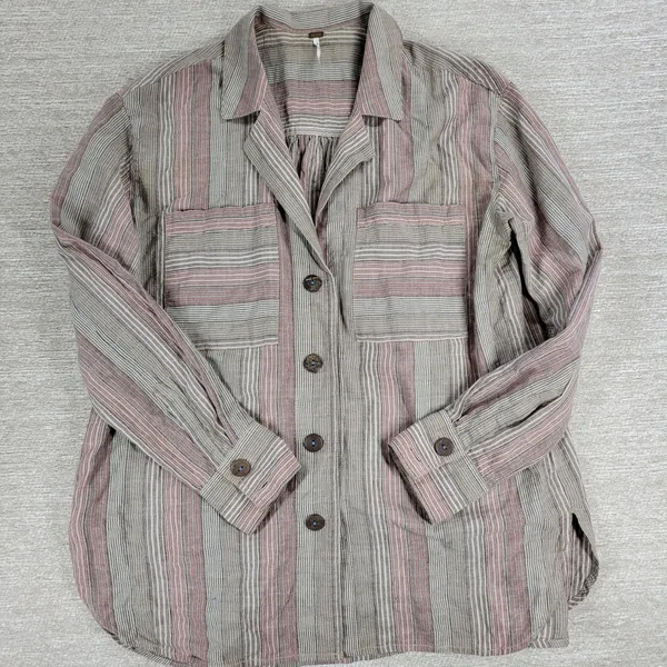Free People High Tide Shirt XS Tan Pink Womens Striped Oversized Button Up Boho - Image 11