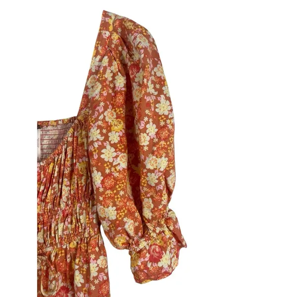 Free People Show Me Love Romper XS Floral Boho Linen Blend Smocked Puff Sleeve - Image 6