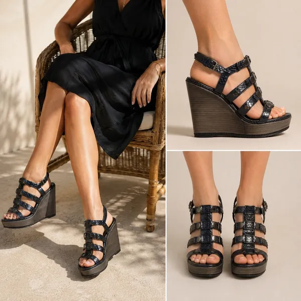 Coach Mallory Wedge Sandal Womens 6.5 Black Metallic Snakeskin Studded Gladiator - Image 2