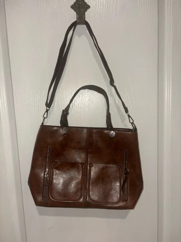 dark brown faux leather multi-pocket tote handbag featuring dual top handles and vertical front zipper pockets - Image 2