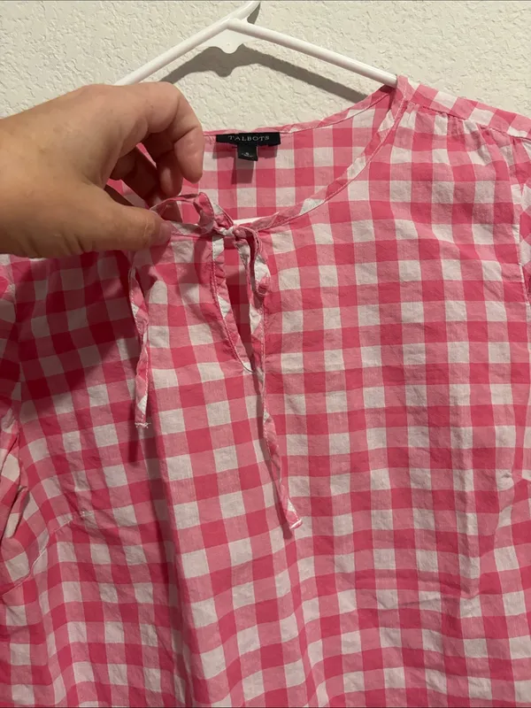 Talbots Pink and White Gingham Tie-Front Blouse - Image 3