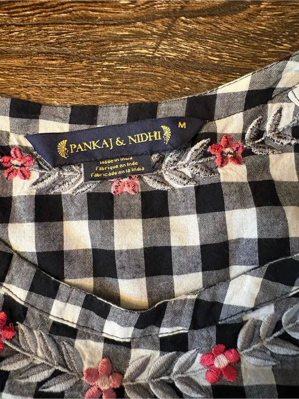 Anthropologie Panknj & Nidhi Tunic Women Medium Black Gingham Red Floral Peplum - Image 6