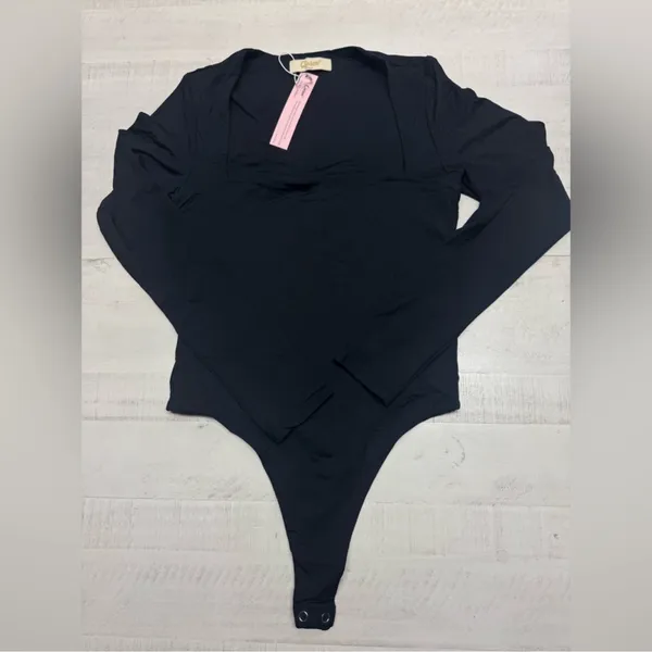 QINSEN Women's Sexy Square Neck Bodysuit Long Sleeve Double Lined Shirt Top - Image 3