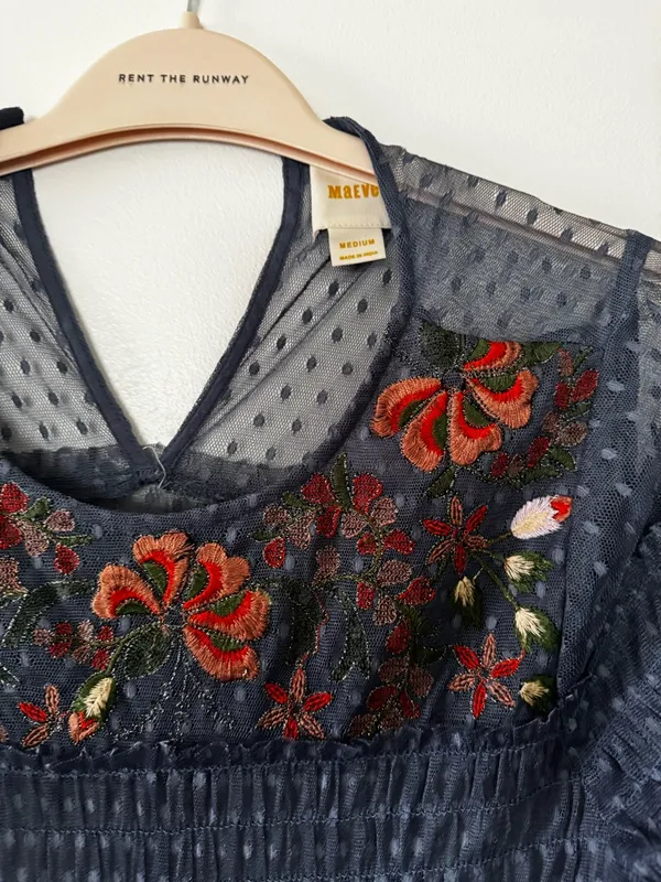 Maeve Navy Floral Embroidered Mesh Print Dress - Image 3