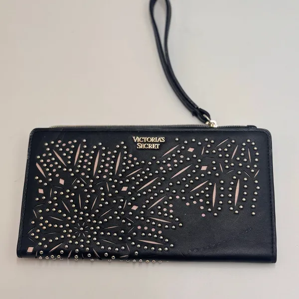 Victoria's Secret Studded Wristlet Wallet Black Zip Around Clutch Organizer - Image 2