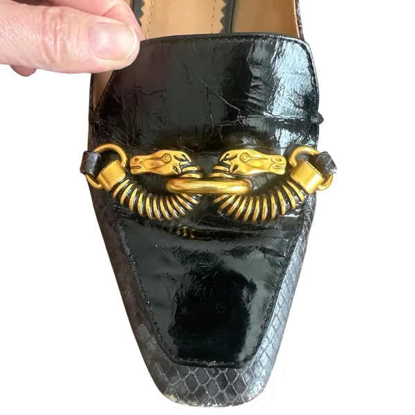 Tory Burch Jessa Horsehead Loafers Snake Patent Leather Black Gold 8.5 - Image 10
