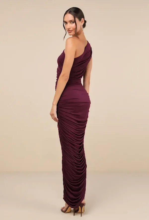 Lulus effortless magnetism dark plum ruched one-shoulder maxi dress - Image 2