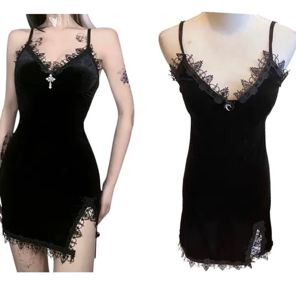 Gothic Black Velvet Bodycon Slip Dress Lace Moon Charm Mini S Sexy Halloween - Image 2