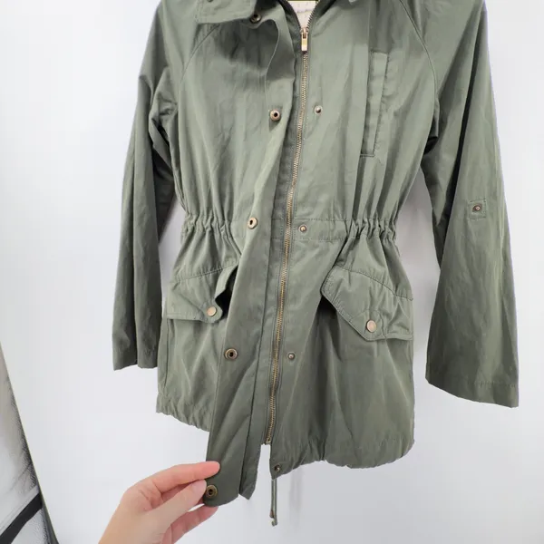 A‎ New Day Anorak Full Zip Utility Jacket Army Green Women S Hidden Hood Pockets - Image 2