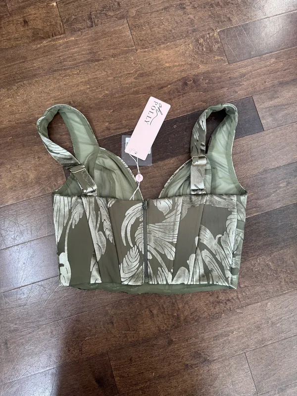 Oh Polly Olive Green Floral Jacquard Crop corset bustier Top - Image 7