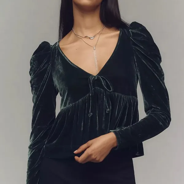 NWT Anthropologie Dark Green Maeve Velvet Babydoll top size XS. - Image 2