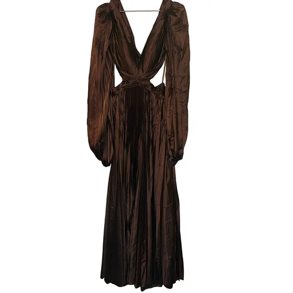 Ieena for Mac Duggal Brown Long Sleeve Pleated Full Skirt Cut Out Sides Gown 6 - Image 4