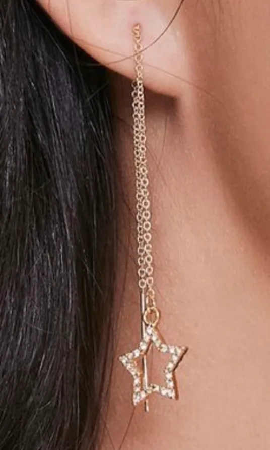 Urban Outfitters Gold Silver Rhinestone Star Threader Drop Earrings - Image 2