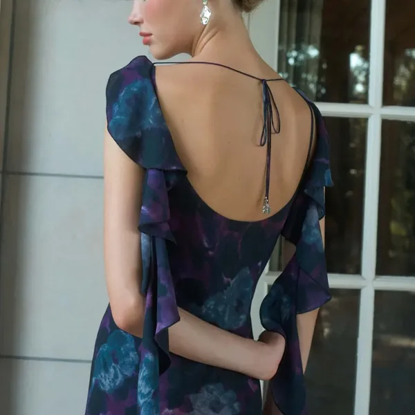 Rotate Purple Chiffon Slip Maxi Dress SIZE 2 Ruffle Formal Party Watercolor $430 - Image 5