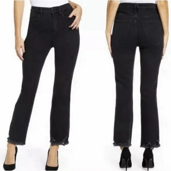 Good American Women's 10/30 Good‎ Curve Straight Leg Jeans Black GCS126T Raw Hem - Image 2