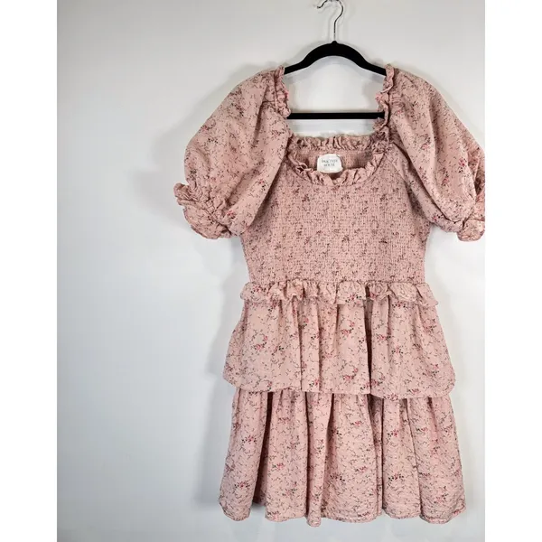 Hyacinth House Womens Dress Beige Mini Floral Smocked Ruffle Puffed A Line Large - Image 4