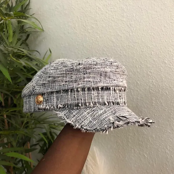 Anthropologie Black White Houndstooth Plaid Tweed frayed newsboy baker boy hat cap gold tone button-One Size (O/S) - Image 7