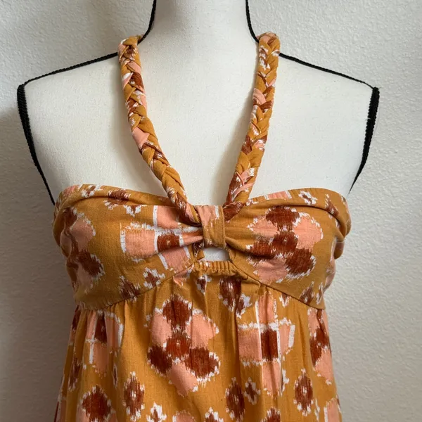 NWT Aerie Sz XS Linen Blend Halter‎ Maxi Dress Ikat Orange Pink Boho Braided - Image 6