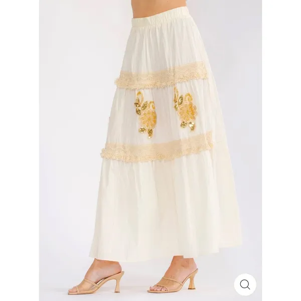 Boutique Embroidered Sz L Gold Floral Sequin Tiered Maxi Skirt Womens Beachy Gauzy Boho - Image 4