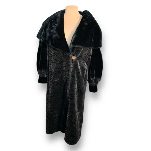 Vintage Faux Fur Zebra‎ Print Long Coat Oversized Collar Black Brown Small Glam - Image 2