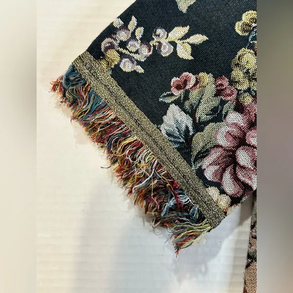 Zara Jacquard Top Women's Size‎ M Floral Tapestry Frayed Fringed Short Sleeve - Image 10