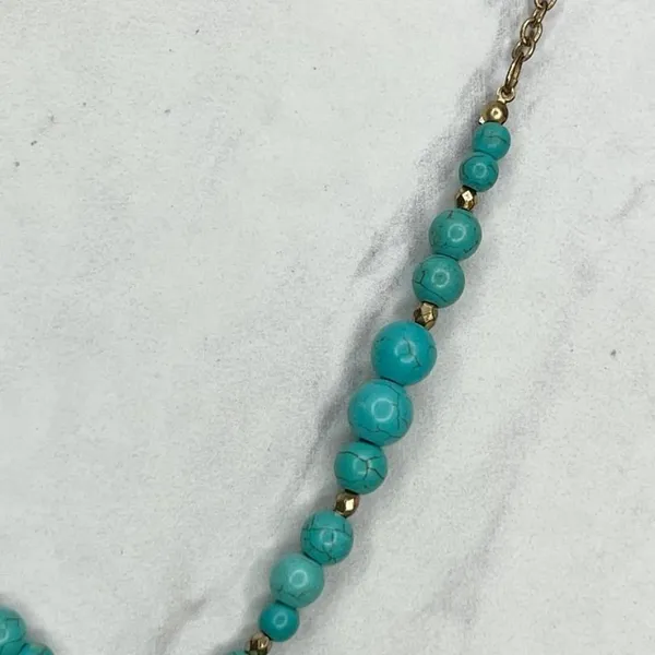 Faux Turquoise Beaded Slab Tassel Pendant Gold Tone Necklace - Image 9