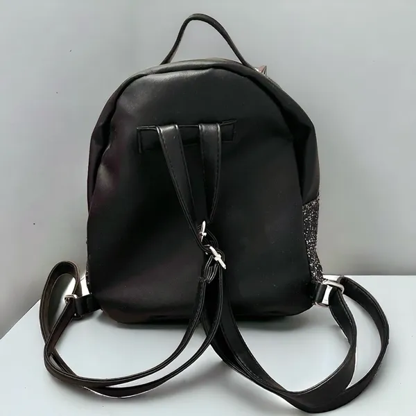 Black Glitter Faux Leather Mini Backpack with Pom-Pom Charm & Zippered Pockets - Image 3