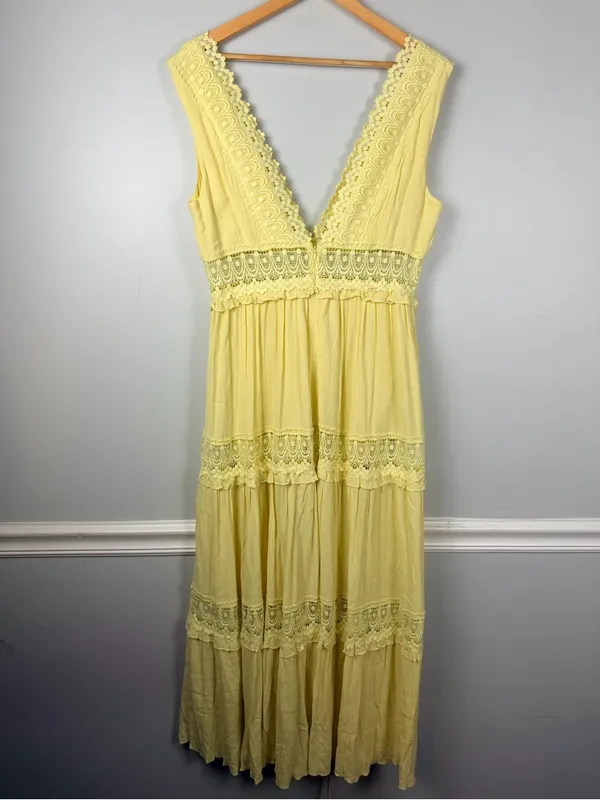 Mable boho yellow sleeveless maxi tiered dress size large - Image 7