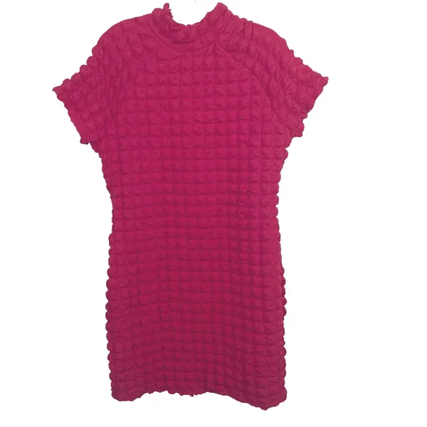 Planet Gold Y2K Pink Barbiecore Dopamine Retro Popcorn Mini Dress Mock Neck XL Stretch - Image 2