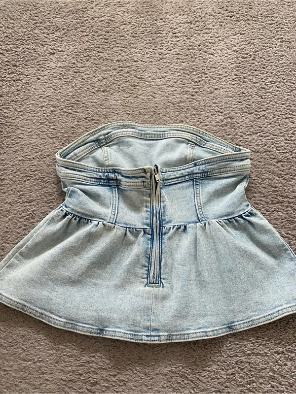 Womens H&M Light Blue Denim Strapless Peplum Top - Image 3